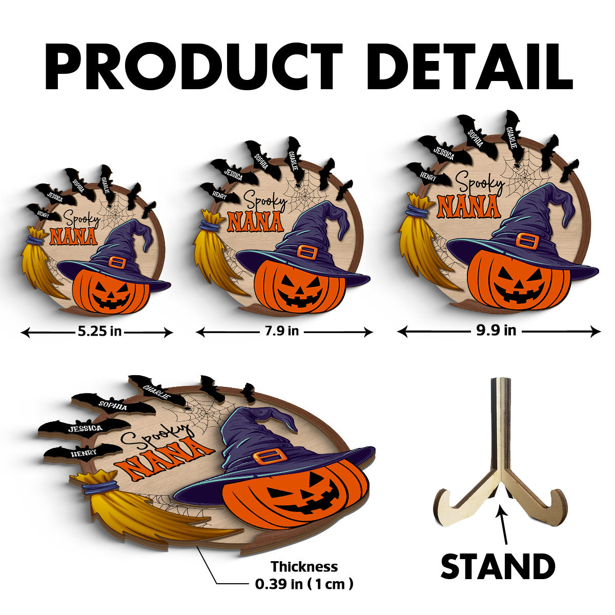 Spooky Grandma Mom Pumpkin Witch Hat Personalized 2-Layer Standing Wooden Plaque, Halloween Decor