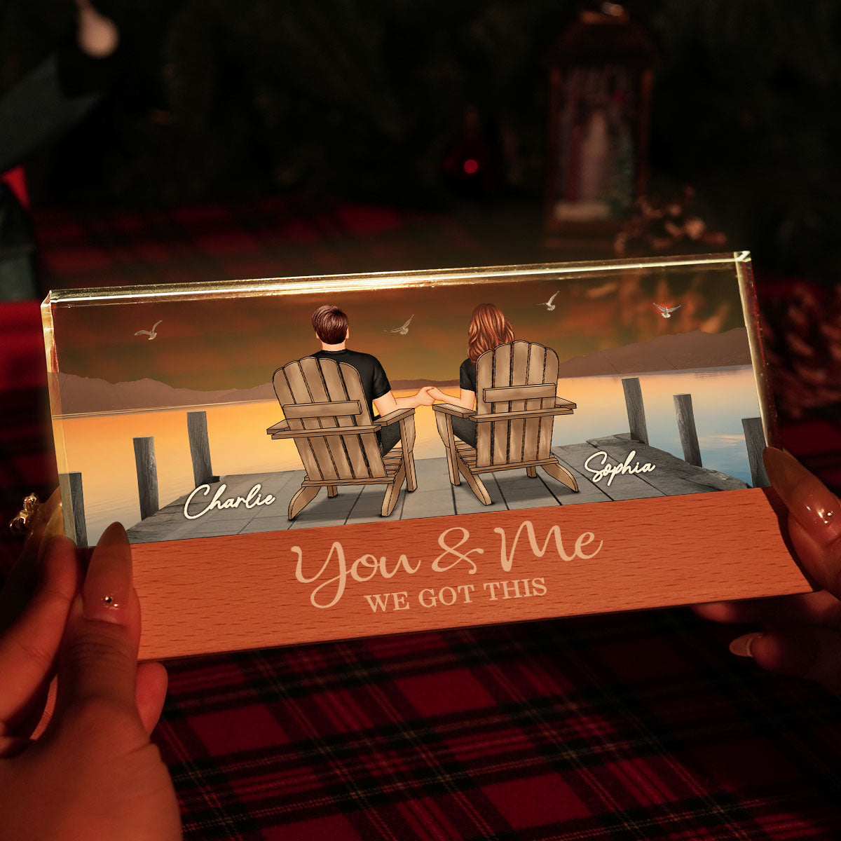 Couple Sitting On The Bridge, Lake Dock Personalized Acrylic Block LED Night Light, Heartfelt 2025  Gift For Couple, For Her, Girlfriend, Wife