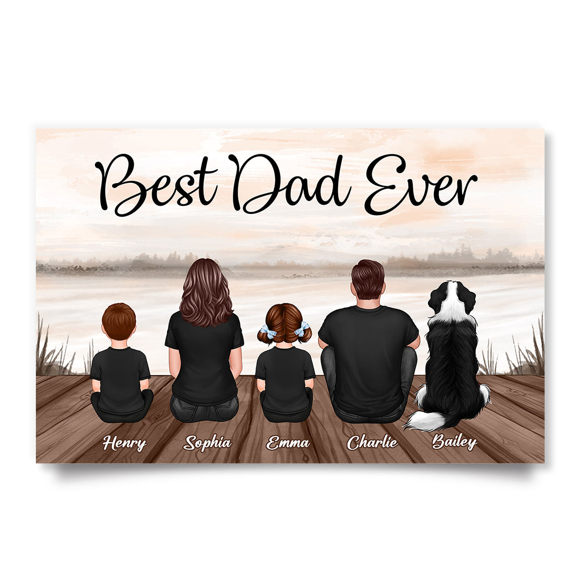 Retro Family Dad Grandpa Back View Man & Kids Lake View Personalized Horizontal Poster