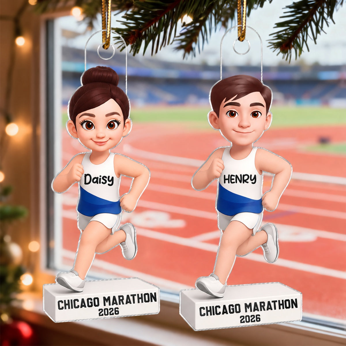3D Effect Christmas Boy Girl Running - Personalized Acrylic Ornament - Gift For Runners, Running Lovers, Marathon Finishers, Grandson, Granddaughter