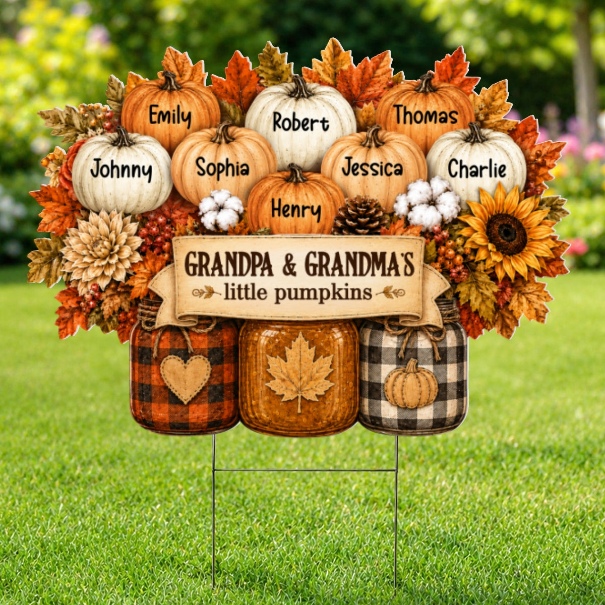 Cozy Warm Fall Season Mason Jars Pumpkins - Personalized Yard Sign - Fall Decor For Grandparents