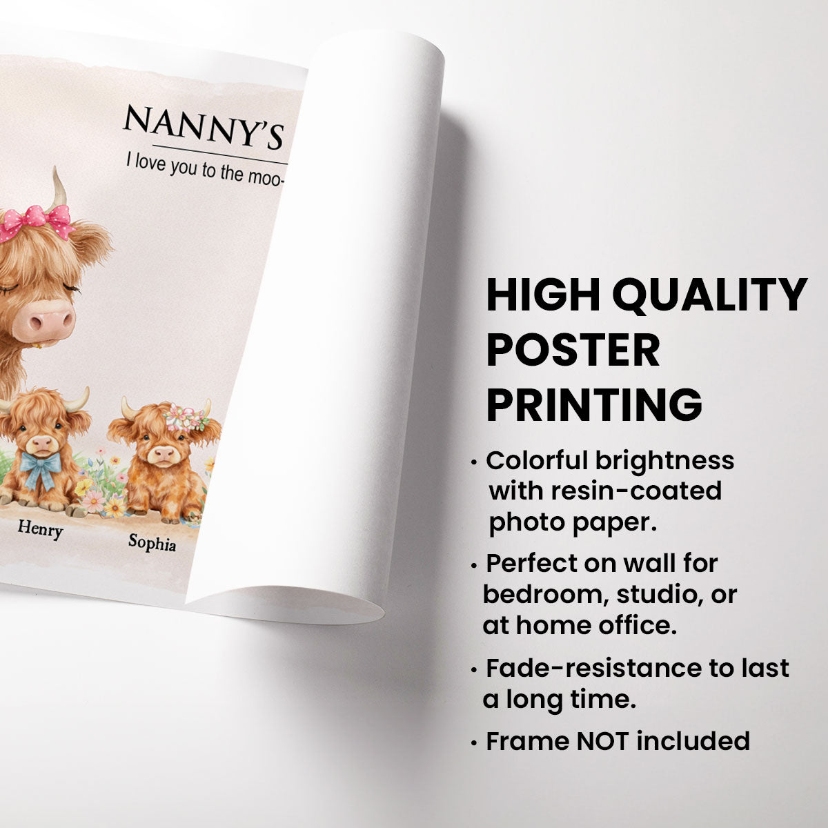 Nanny & Grandad's Herd Highland Cow Family - Personalised Poster - UK Mother's Day Gift for Grandma, Grandpa