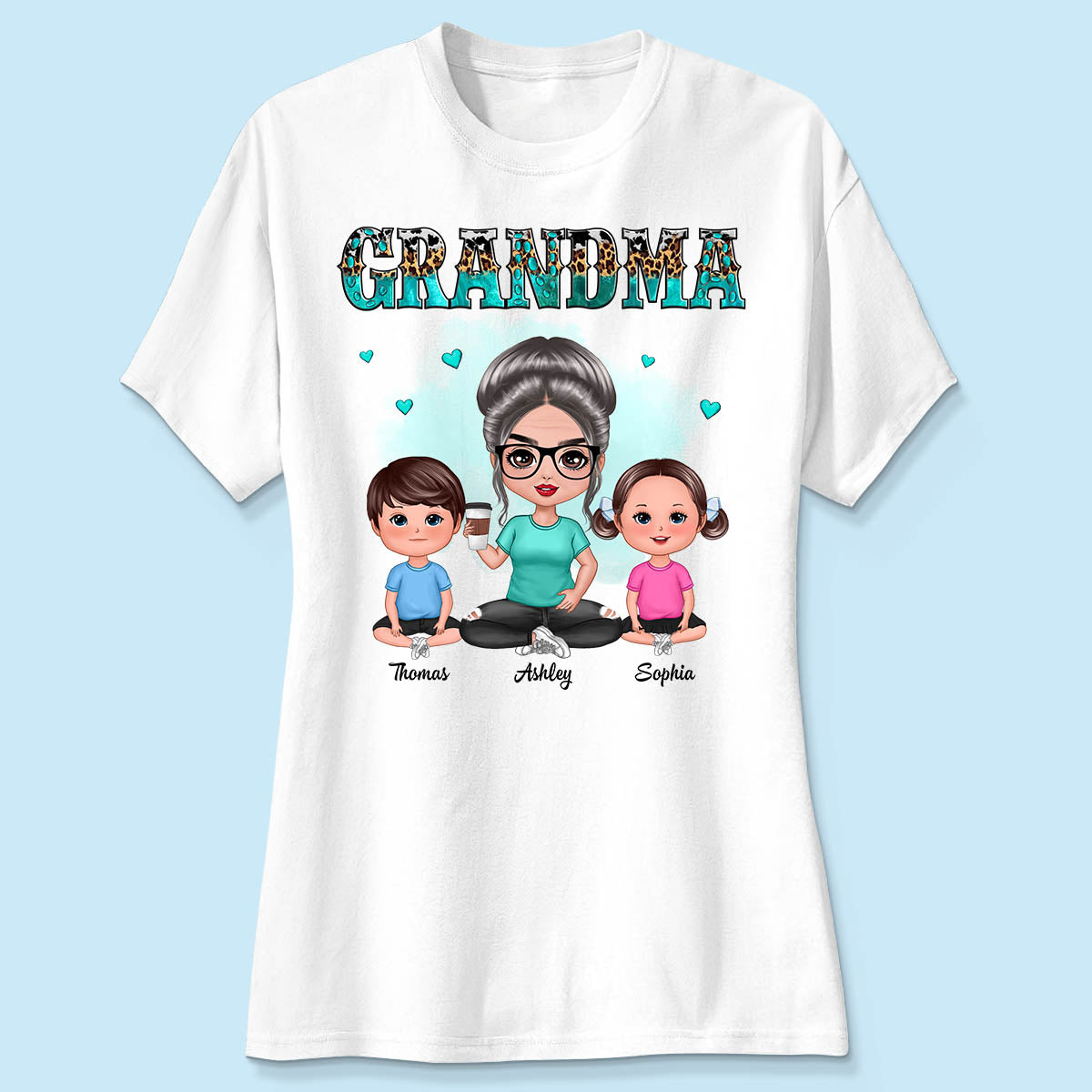 Teal And Leopard Doll Grandma And Grandkids Sitting Personalized Shirt