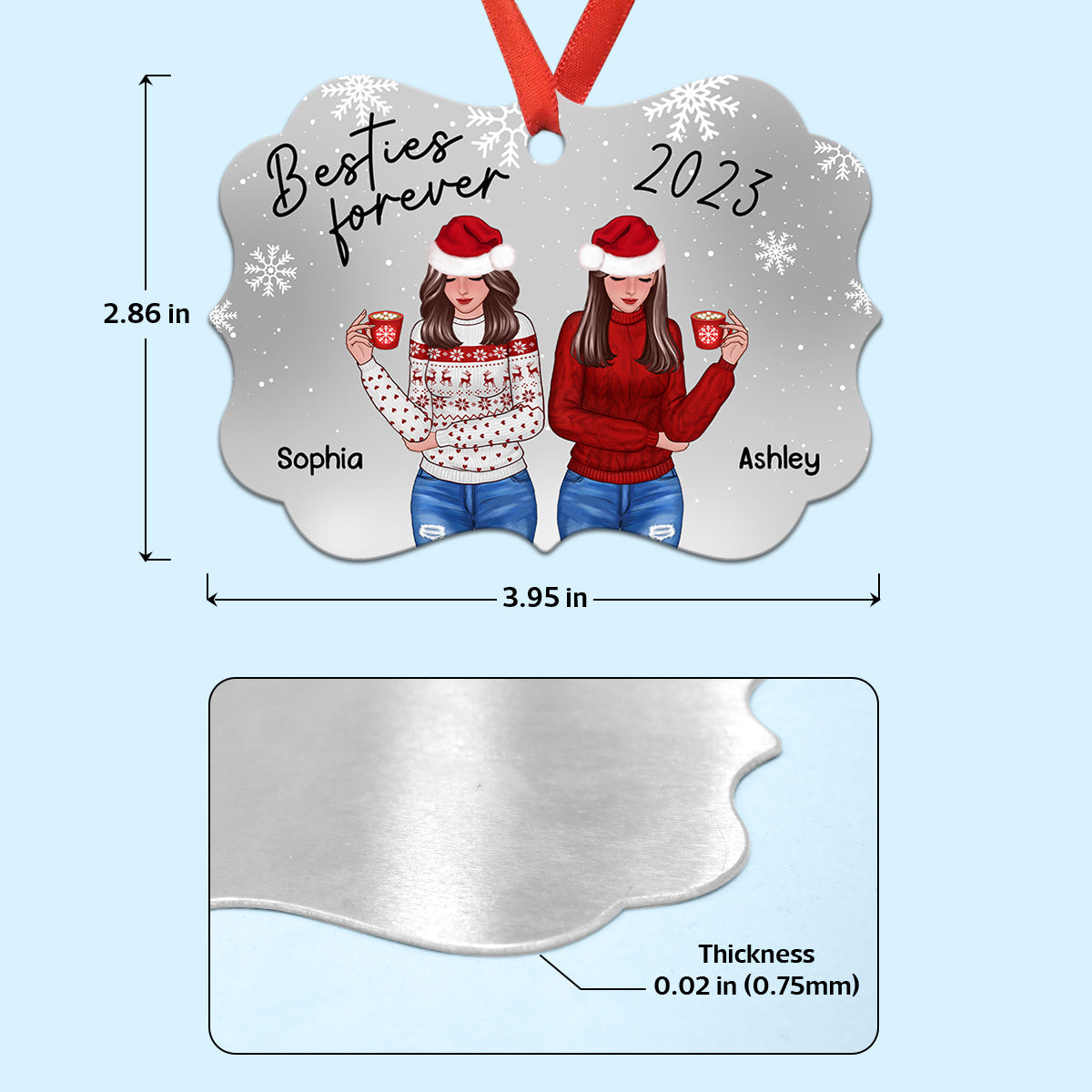 Snowflakes Front View Christmas Besties Personalized Christmas Ornament