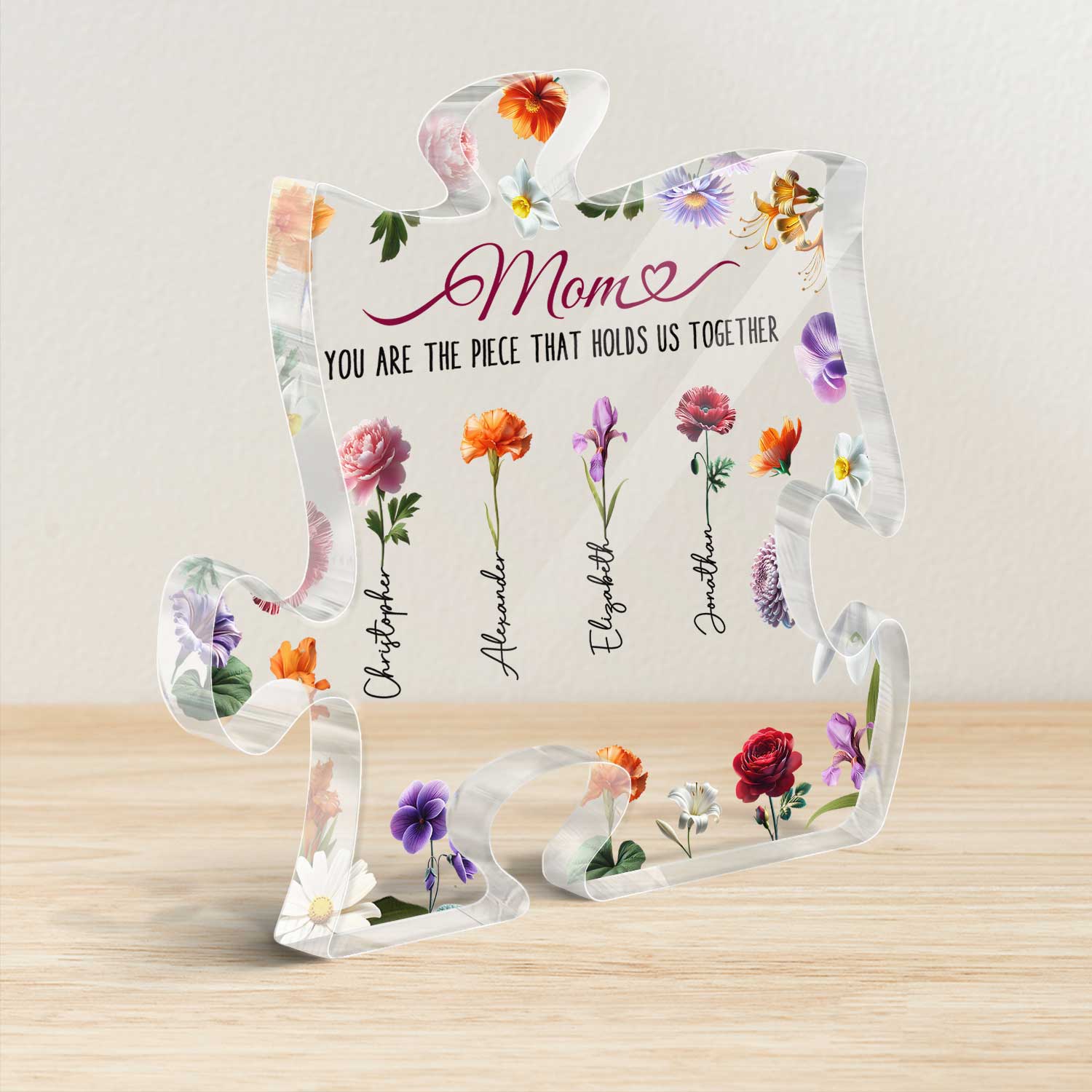 3D Effect Birth Month Flower Mom You Are The Piece That Hold Us Together Personalized Puzzle Acrylic Block Plaque