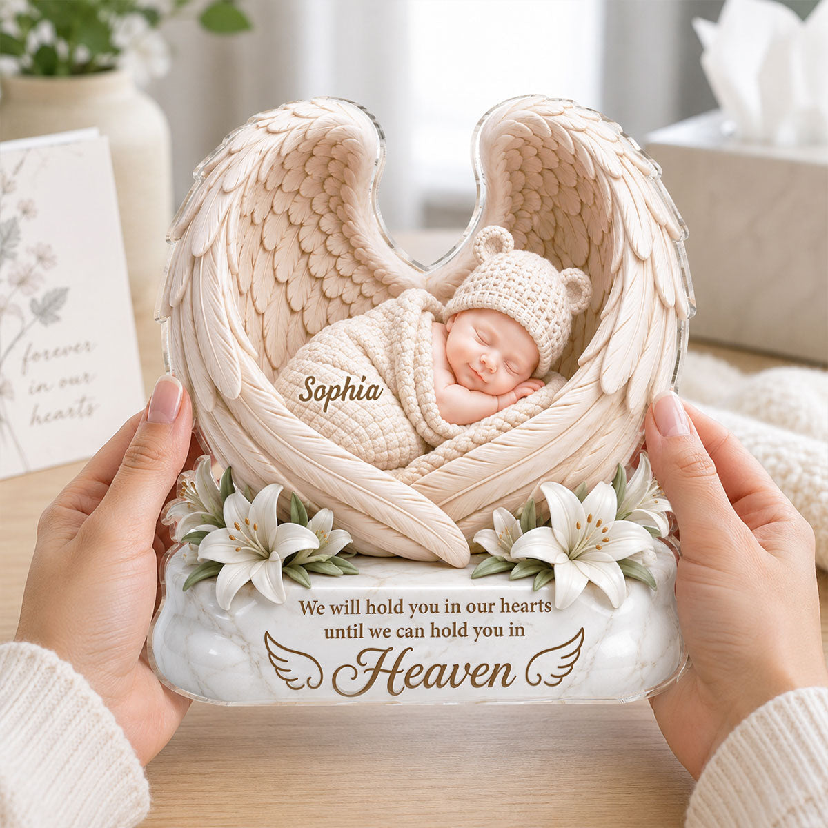 We Will Hold you in Our Hearts - Personalized Acrylic Block Plaque - Custom Infant Loss Gift, Miscarriage Baby Awareness Keepsake
