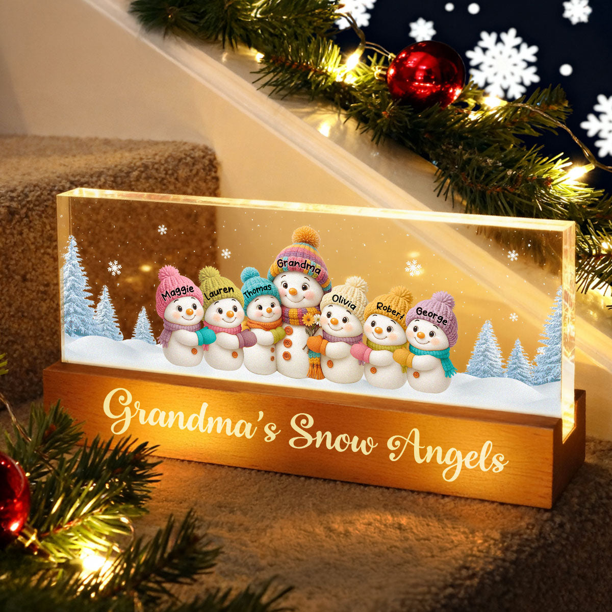 Grandma Snow Angels Snowman - Personalized Block LED Night Light - Christmas Gift for Grandmas
