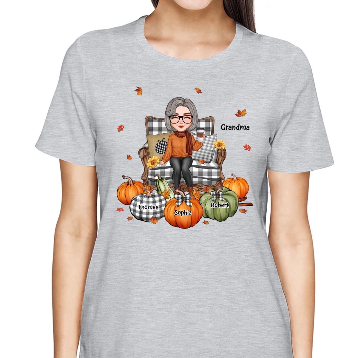 Cute Grandma Mom Sitting On Chair Fall Season Personalized Shirt