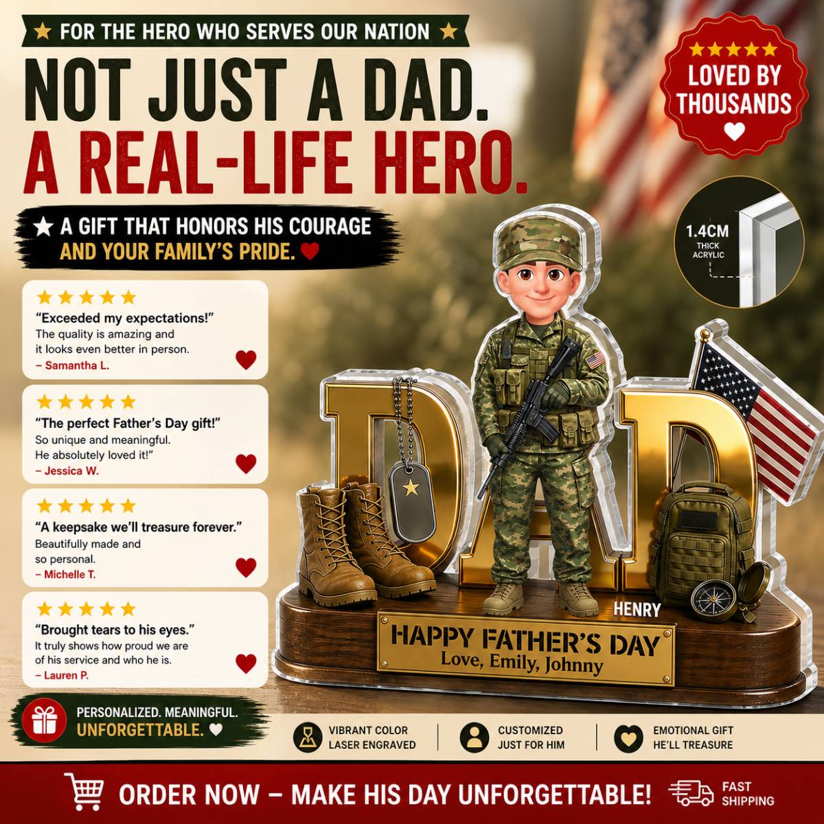 Proud American Army Military Hero Dad 2D Flat - Personalized Acrylic Block Plaque - Father's Day Gift For Dad