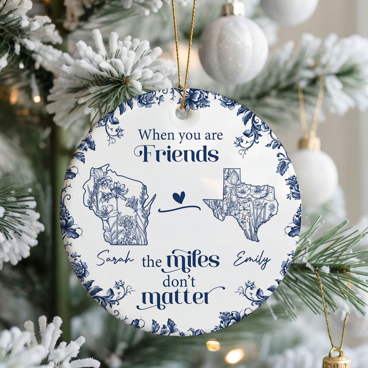 Blue Floral State Map Personalized Long Distance Friendship Ornament, Long Distance Best Friend Gift Moving Away Gift
