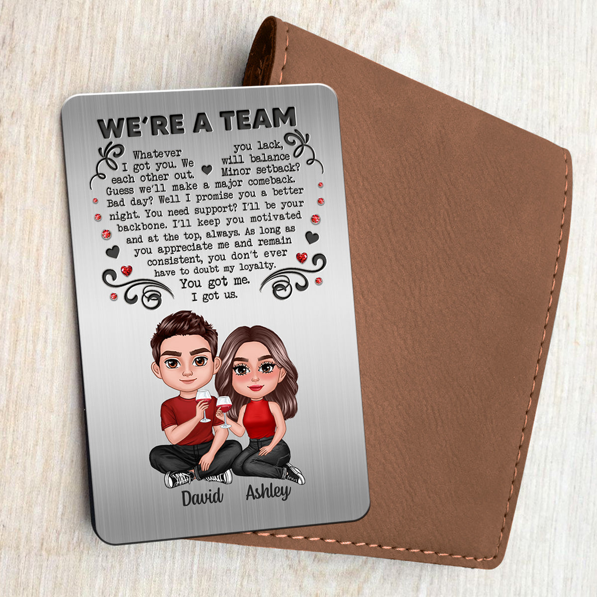 We‘re A Team Couple Sitting Together Personalized Metal Wallet Card