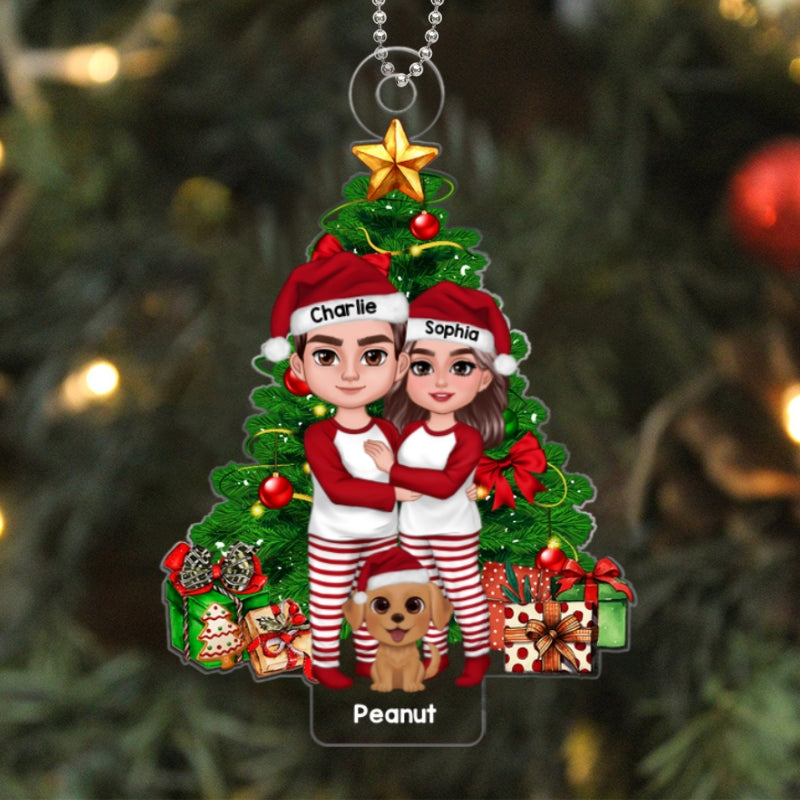 Couple Standing With Dogs Cats Christmas Tree Personalized Acrylic Ornament