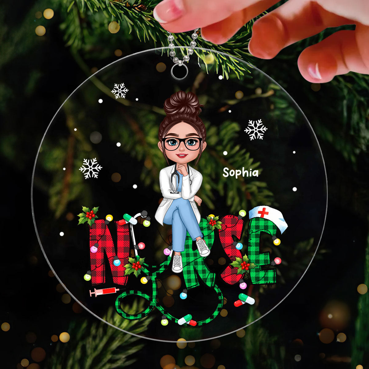 Sitting Nurse Christmas Pattern Personalized Acrylic Ornament, Christmas Gift For Nurses