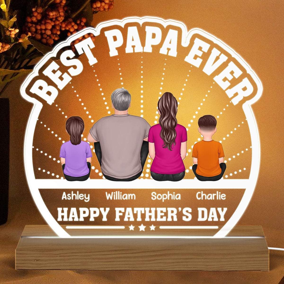 Best Papa Ever Back View Man Kids Dog Cat Personalized Custom Shaped Acrylic Plaque With Warm LED Night Light