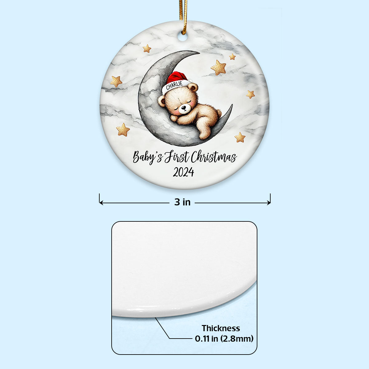 Baby Bear On The Moon, Baby's First Christmas Personalized Ceramic Ornament, Christmas Keepsake for Baby Boy, Baby Girl