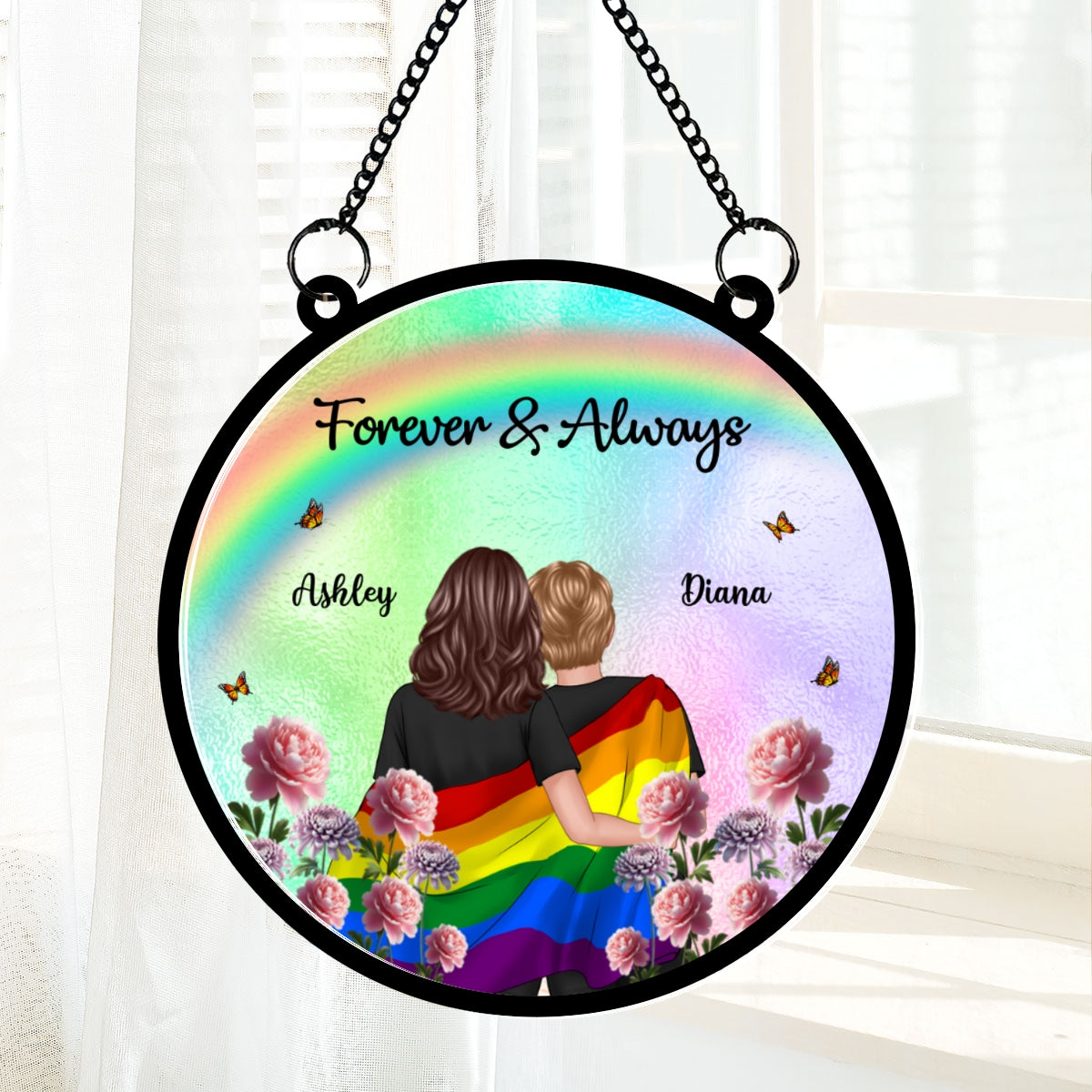 Pride Month LGBT Couple Birth Month Flowers Personalized Suncatcher, Gift For Couple