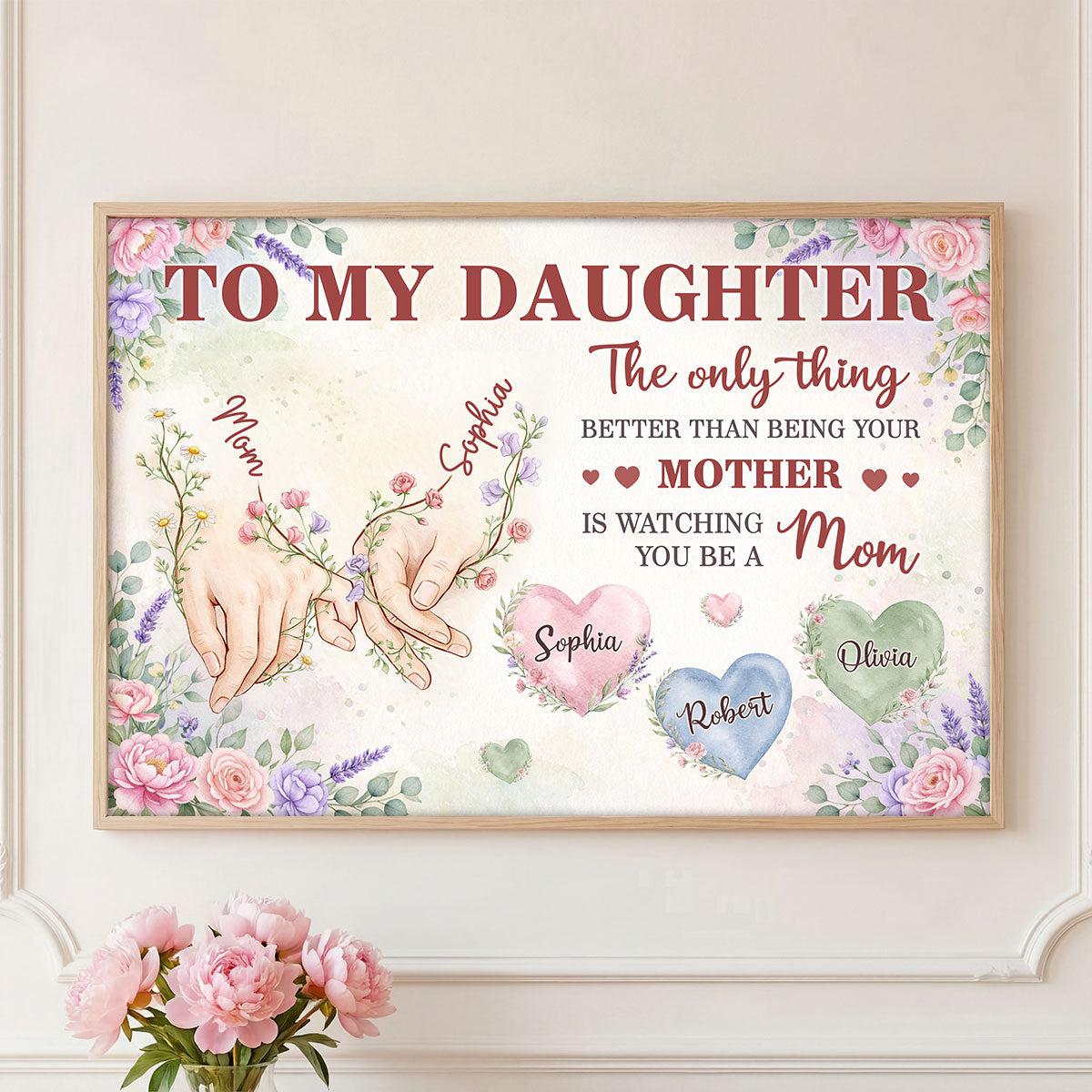 Floral To My Daughter Mom And Daughter Holding Hands Custom Kids Names - Personalized Poster - Mother's Day Gift For Daughter