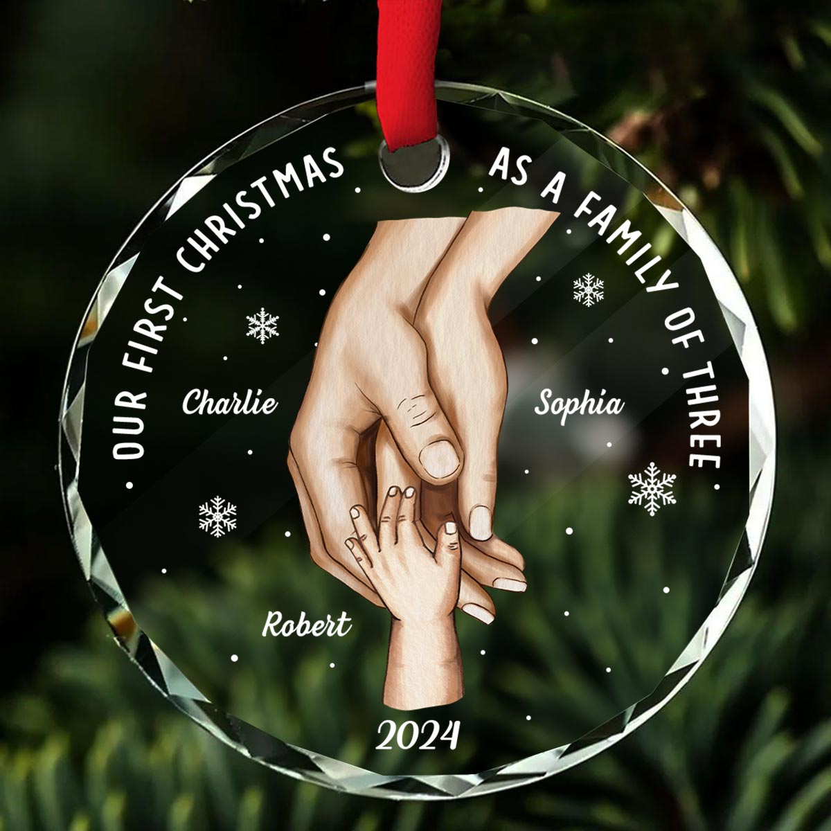 First Christmas As Family Hands On Hands Personalized Glass Ornament