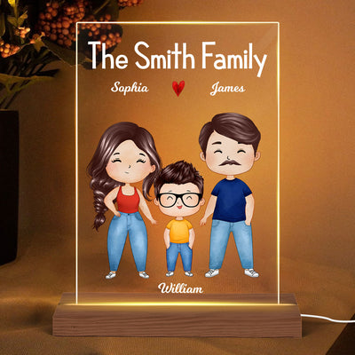 Happy Whole Family Watercolor Styles Couple Dad Mom Kids Dogs Cats Sitting Personalized Rectangle Acrylic Plaque LED Night Light