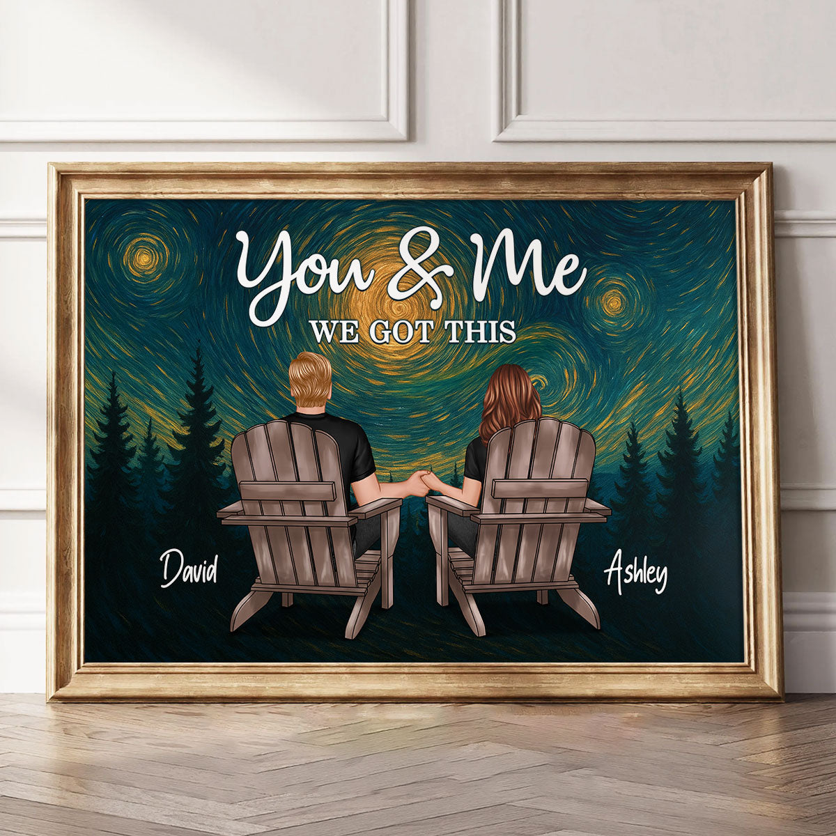 Couple Sitting Back View Night Sky Art Personalized Poster