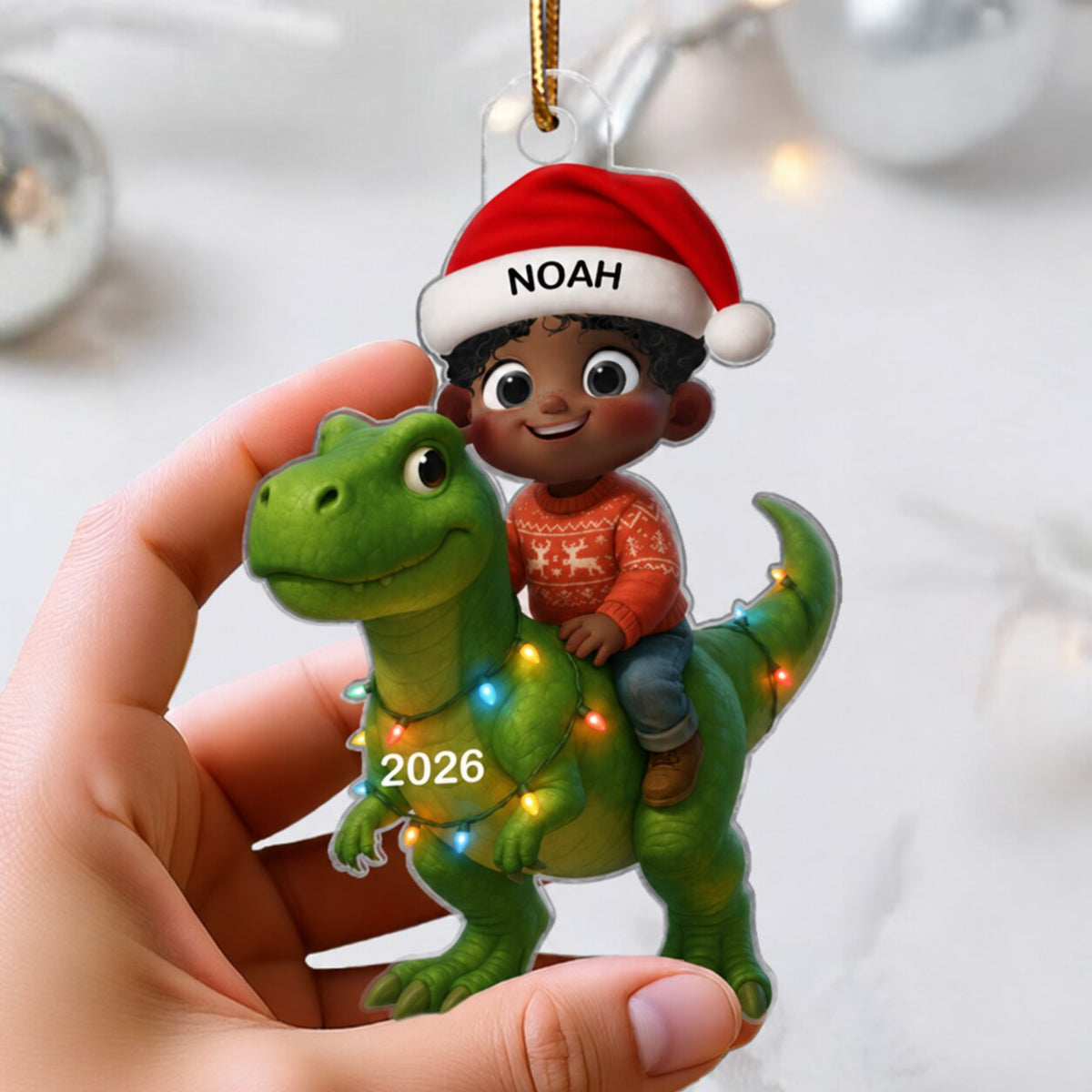 3D Effect Cute Cartoon Kid Boy And Girl With Dinosaur Christmas Personalized Flat Acrylic Ornament, Unique Gift For Kids, Grandkids