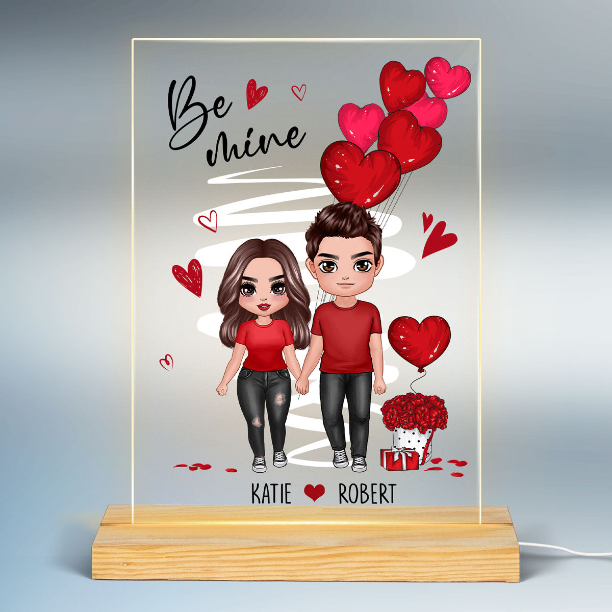 Be Mine Doll Couple Standing Personalized Plaque LED Night Light - Gift For Him Gift For Her