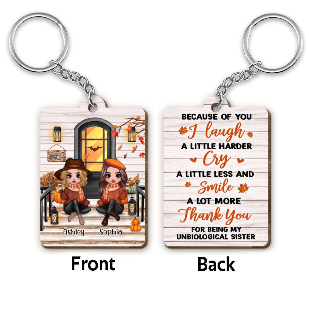 Fall Season Best Friends Sisters Front Porch Personalized Wooden Keychain