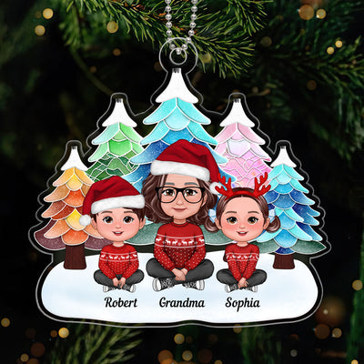 Watercolor Mosaic Christmas Trees Grandma & Grandkids Personalized Acrylic Ornament