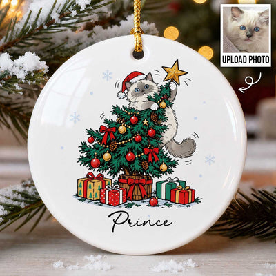 Cute Dog Cat On Christmas Tree Upload Photo - Personalized Ceramic Ornament - Funny Gift For Dog Lover, Cat Lover