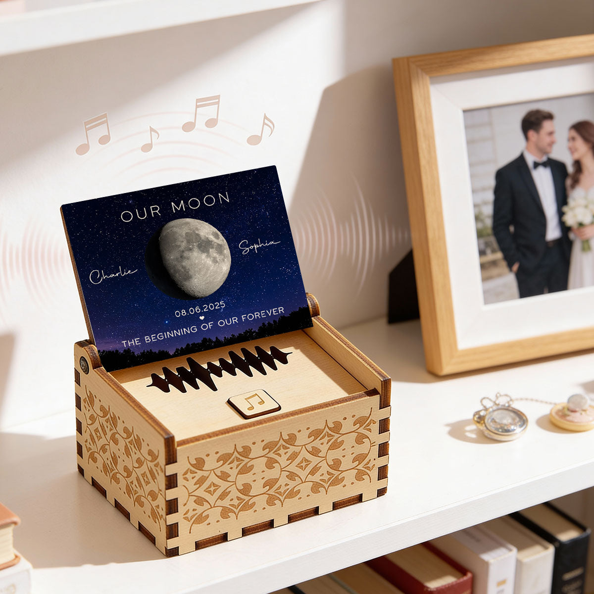 Our Moon Custom Moon Phase & Favorite Song - Personalized Wooden Music Box - Valentine's Day Gift For Him, Gift For Her
