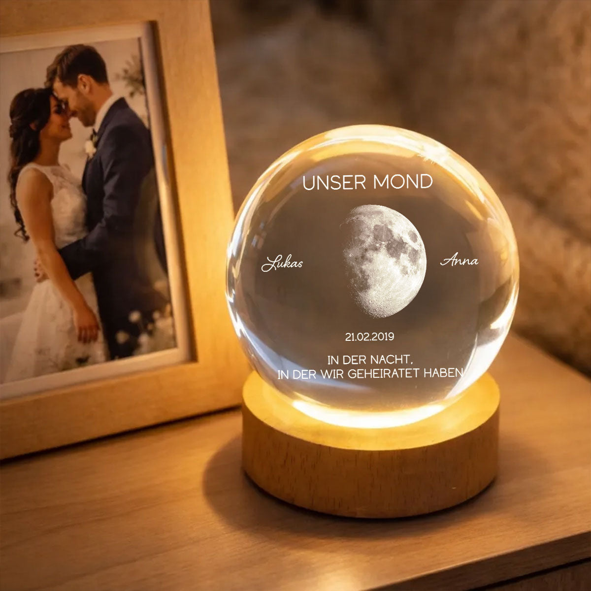 Unser Mond zum Wunschdatum – Personalisierte Mondphase – Kristallkugel Nachtlicht – Jahrestagsgeschenk für Sie & Ihn