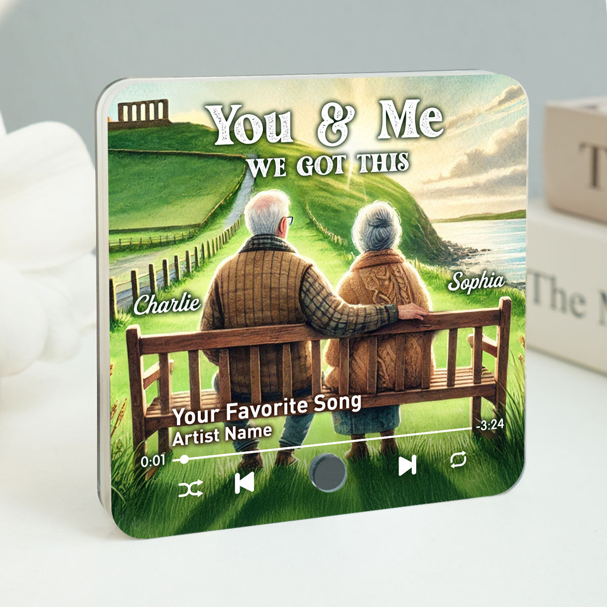 Old Couple Sitting On Grass Hill Favorite Song Personalized Music Fridge Magnet, Valentine's Gift For Her, Gift For Him