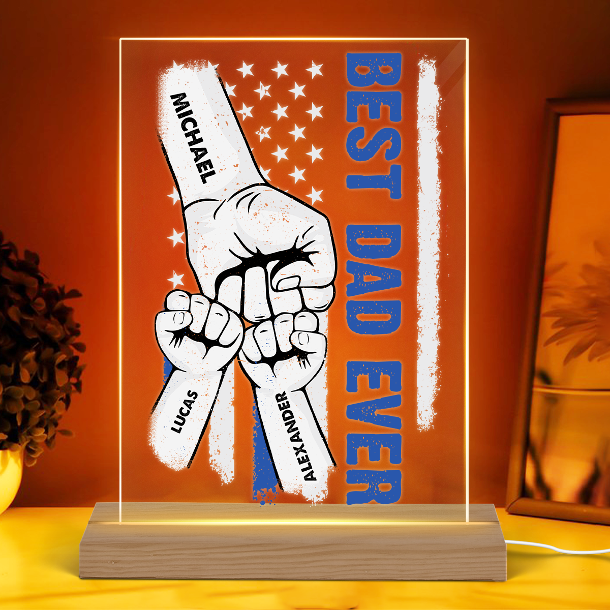 Best Dad Grandpa Ever Flag Father‘s Day Gift Personalized Rectangle Acrylic Plaque With LED Night Light