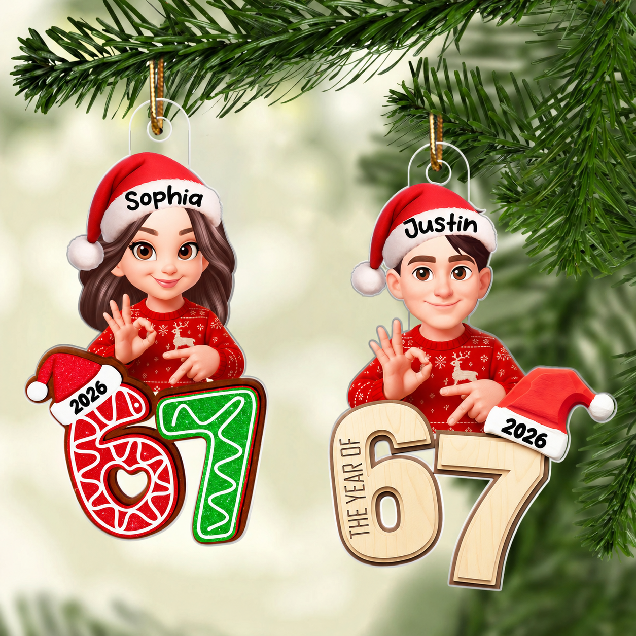 Christmas Pattern Custom Six Seven 67 - Personalized Acrylic Ornament - Teen Slang Funny Tree Decor, Funny Teen Grandkid Gift