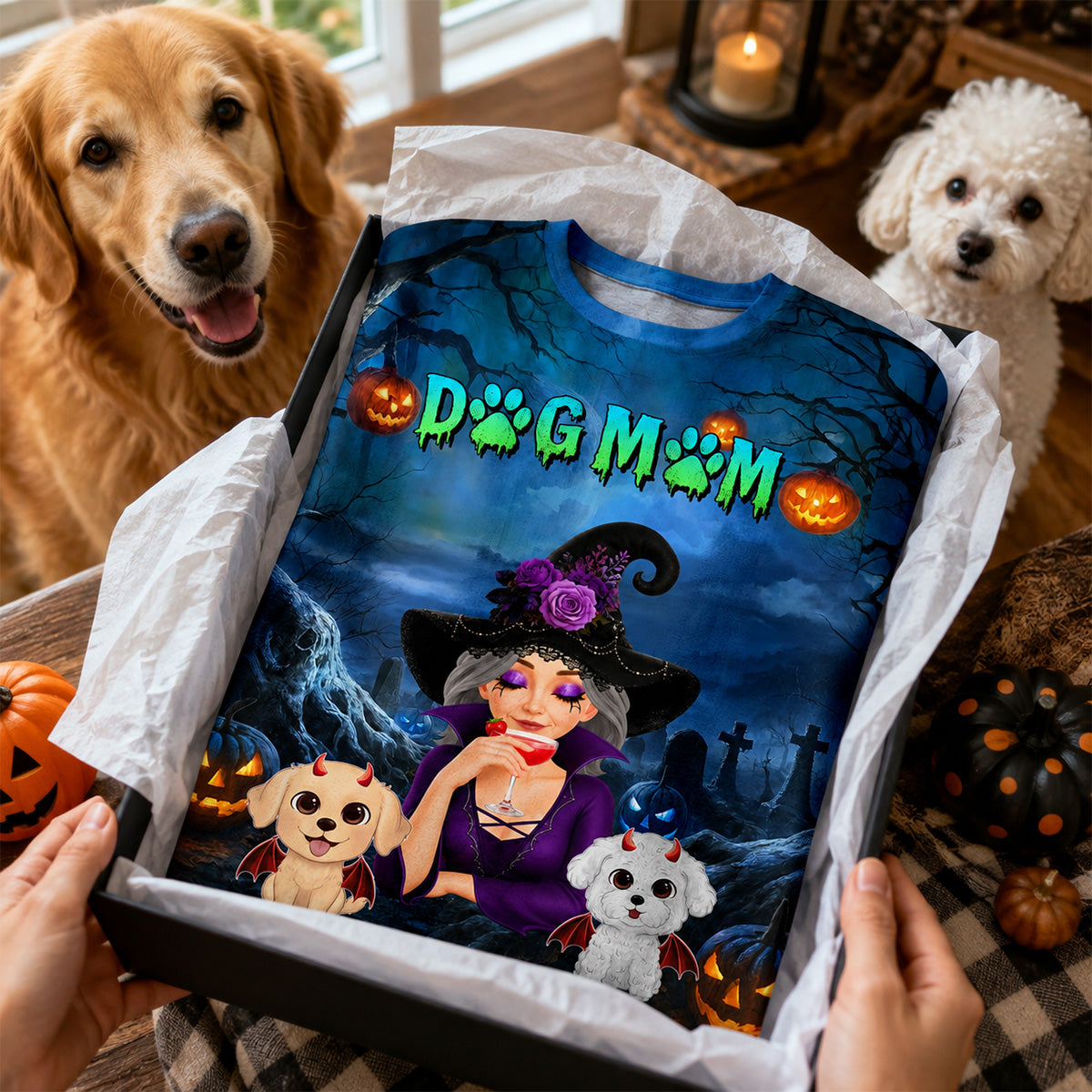 Dog Mom In Halloween Night Blue Theme - Personalized Shirt - Halloween Costume for Dog Lovers
