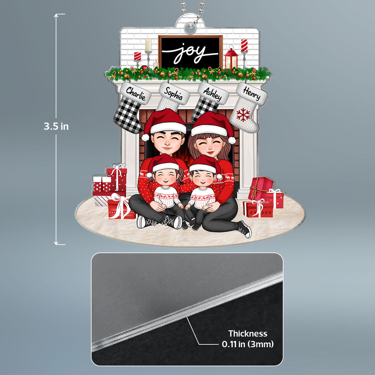 Family Sitting Hugging At The Fireplace Personalized Family Christmas Acrylic Ornament