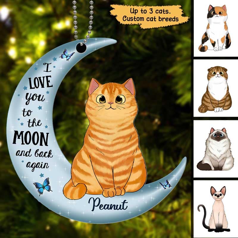 Love To The Moon Fluffy Cat Christmas Personalized Acrylic Ornament