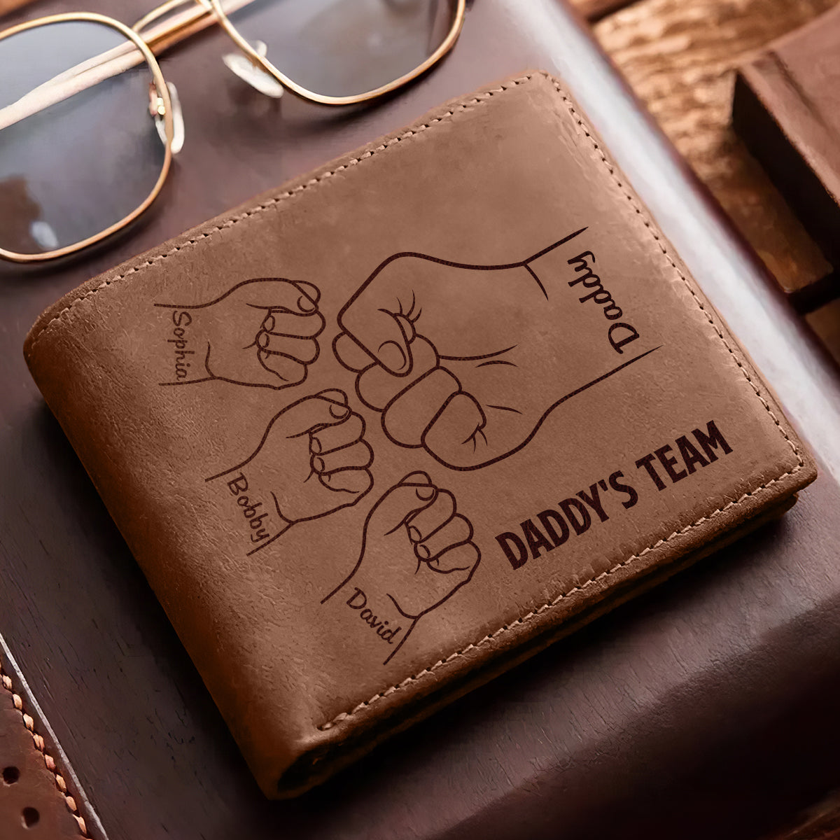 Daddy‘s Team Fist Bump Outline Personalized Printed Leather Wallet, Gift For Husband, Dad