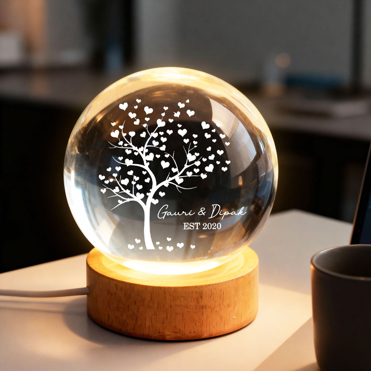 Tree Of Love Couple - Personalized Crystal Ball LED Night Light - Anniversary, Valentine's Day Gift, Gift For Him, Gift For Her