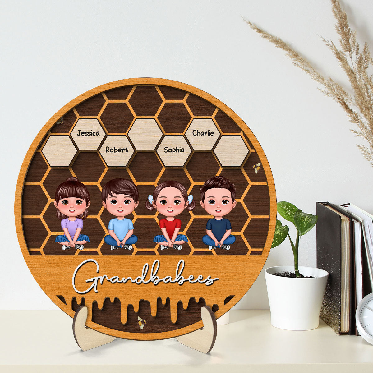 Grandbabees Crossed Legs Sitting Personalized 2-layer Wooden Plaque, Gift For Grandma