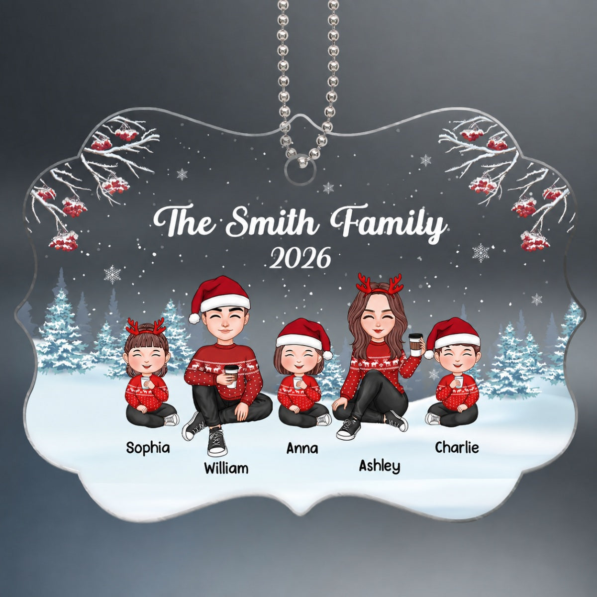 Christmas Berry Tree Cute Family Dad Mom Kids Dogs Cats Sitting In Snow Personalized Acrylic Ornament