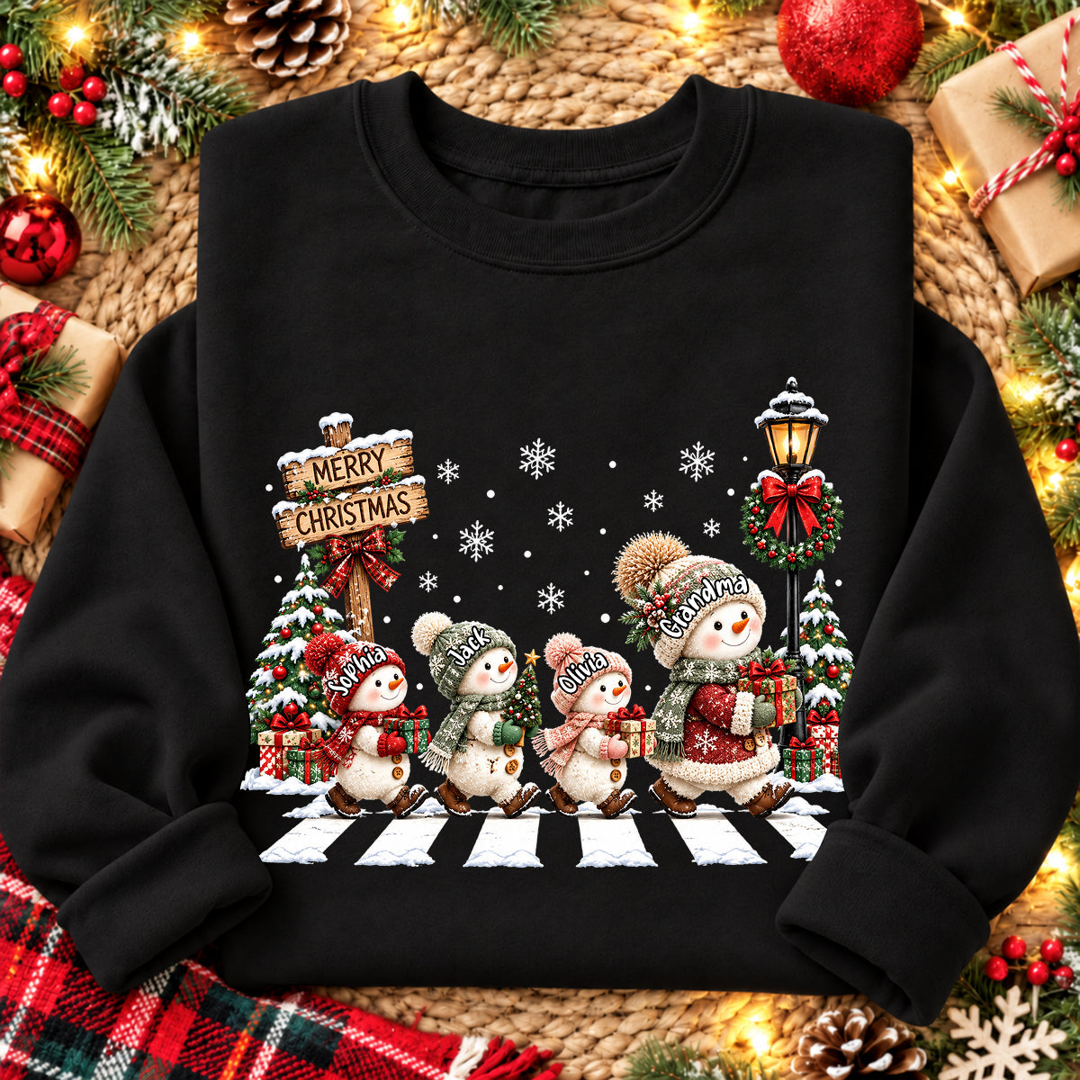 Merry Christmas Snowman Grandma Grandkids Walking - Personalized Shirt - Thoughtful Christmas Gift for Grandma, Mom, Wife