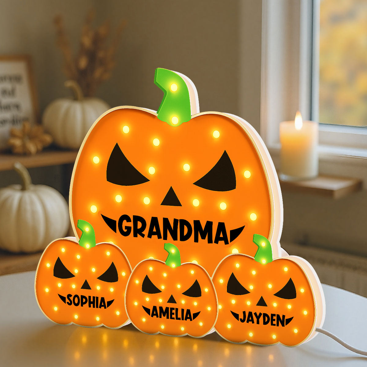 3D Effect Marquee Pattern Halloween Grandma And Grandkids Pumpkins - Personalized Light Box - Gift For Grandmas