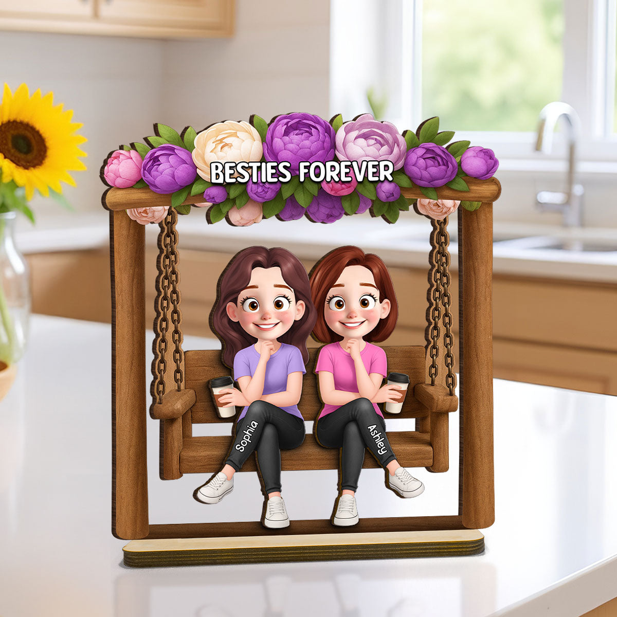 Pretty Besties Sisters On Swing Flowers 3D Effect Personalized Standing Wooden Plaque