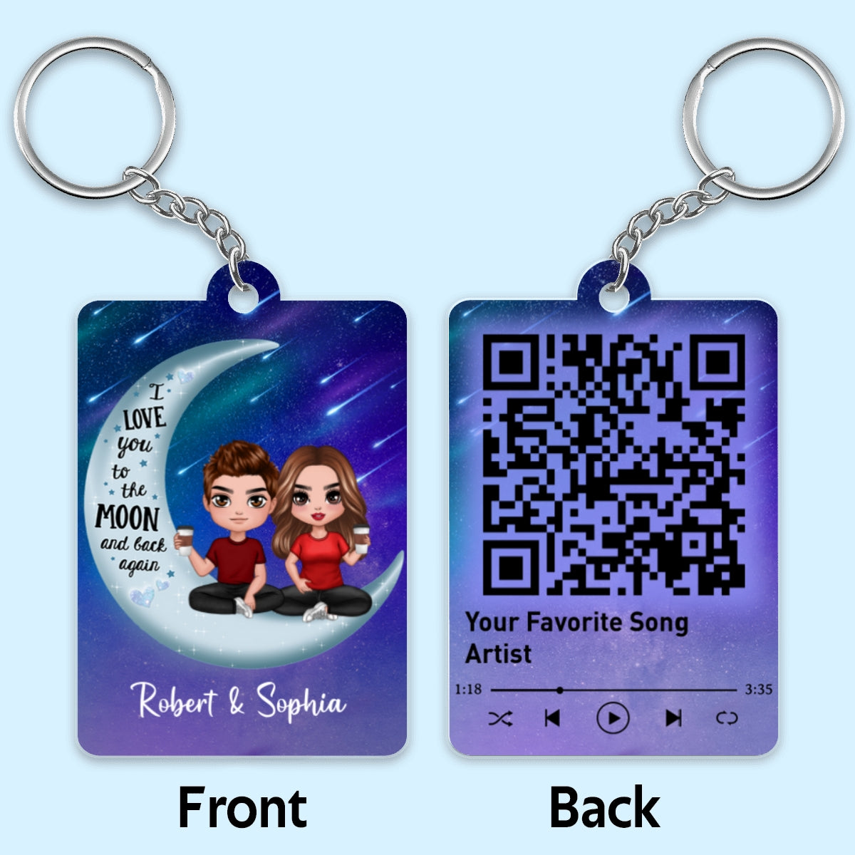 Doll Couple Sitting On Moon I Love You To The Moon And Back Favorite Song Scannable QR Code Personalized Acrylic Keychain