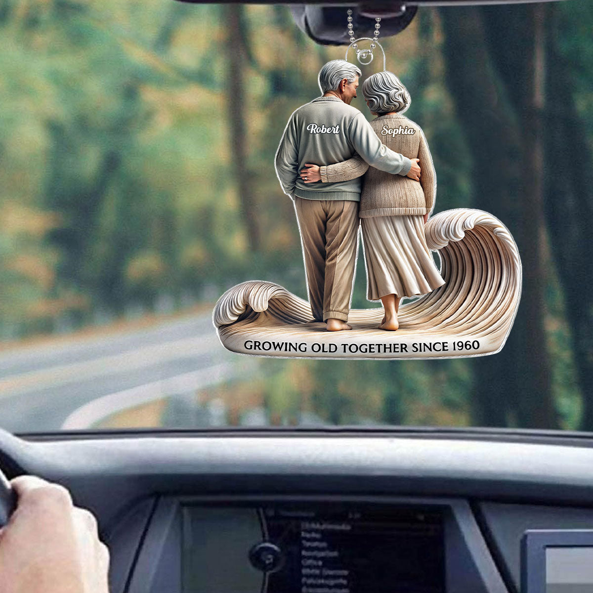 3D Effect Old Couple Embracing Walking Together On The Beach Personalized Car Hanger Ornament, Heartfelt Gift For Couple, For Him, For Her, Husband, Wife
