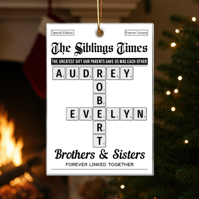 The Siblings Times Crossword Puzzle Newspaper Style - Personalized Acrylic Ornament - Christmas Keepsake Gift For Brothers, Sisters