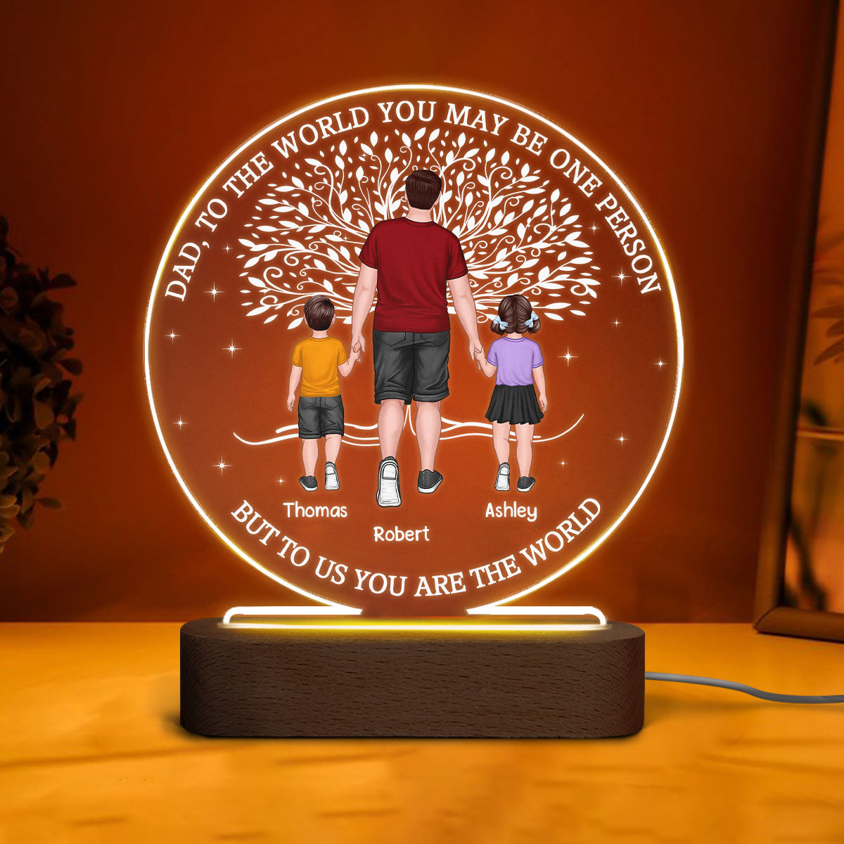 Dad And Kids Walking Under Tree Personalized Circle Acrylic LED Night Light