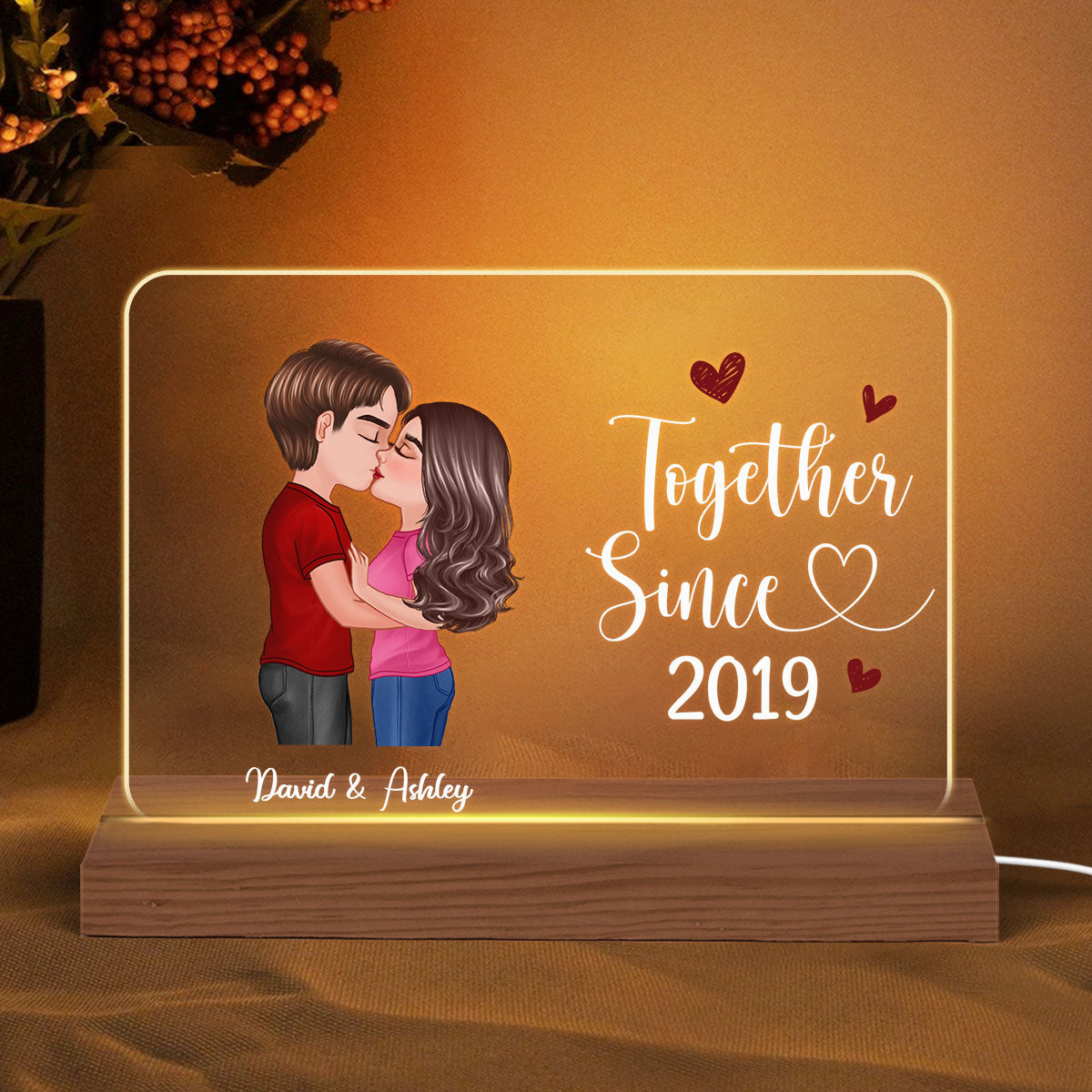 Doll Couple Kissing Gift For Him Gift For Her Personalized Custom Shape Horizontal Rectangle Acrylic Plaque LED Night Light