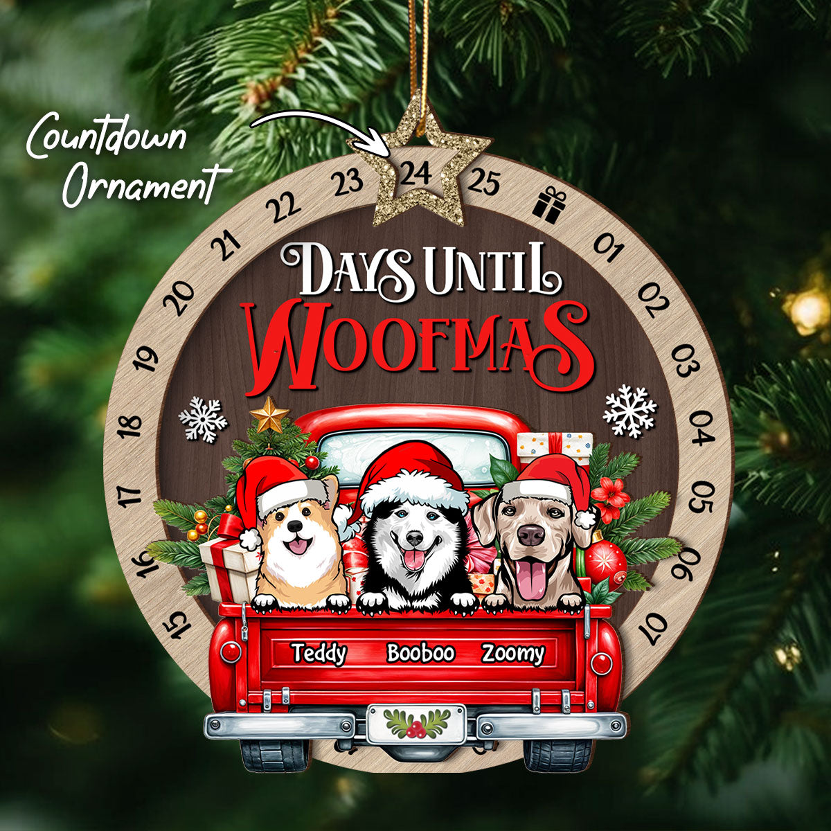 Days Until Woofmas Dogs On Truck Personalized Countdown Ornament, Christmas Gift For Dog Lovers